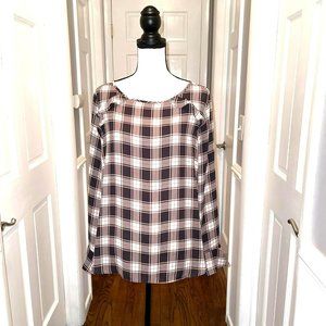 LOFT Outlet pink, black & White plaid ruffled shoulder blouse.